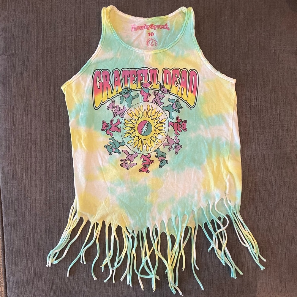 Rowdy Sprout girls Grateful Dead tie dye fringe tank